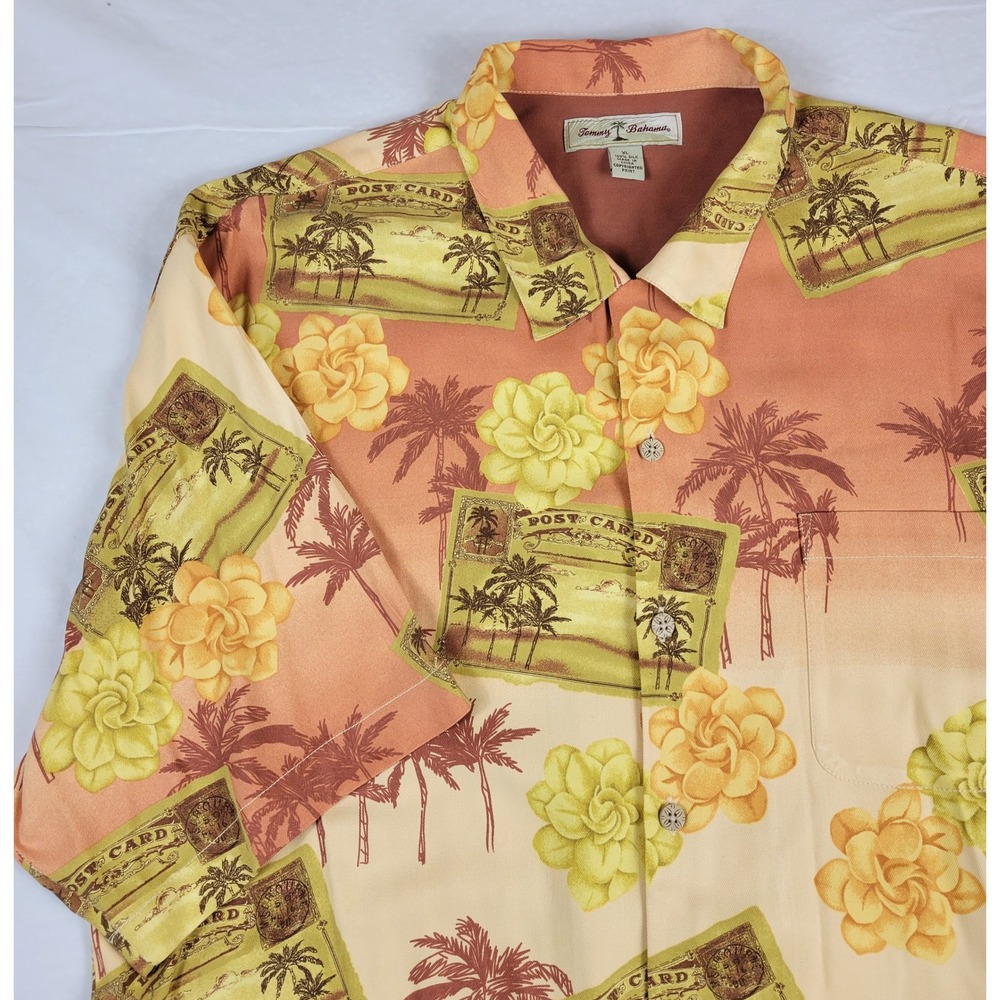 Tommy Bahama Mens XL Silk Postcard Tropical Palm Tree Floral Camp Shirt Orange